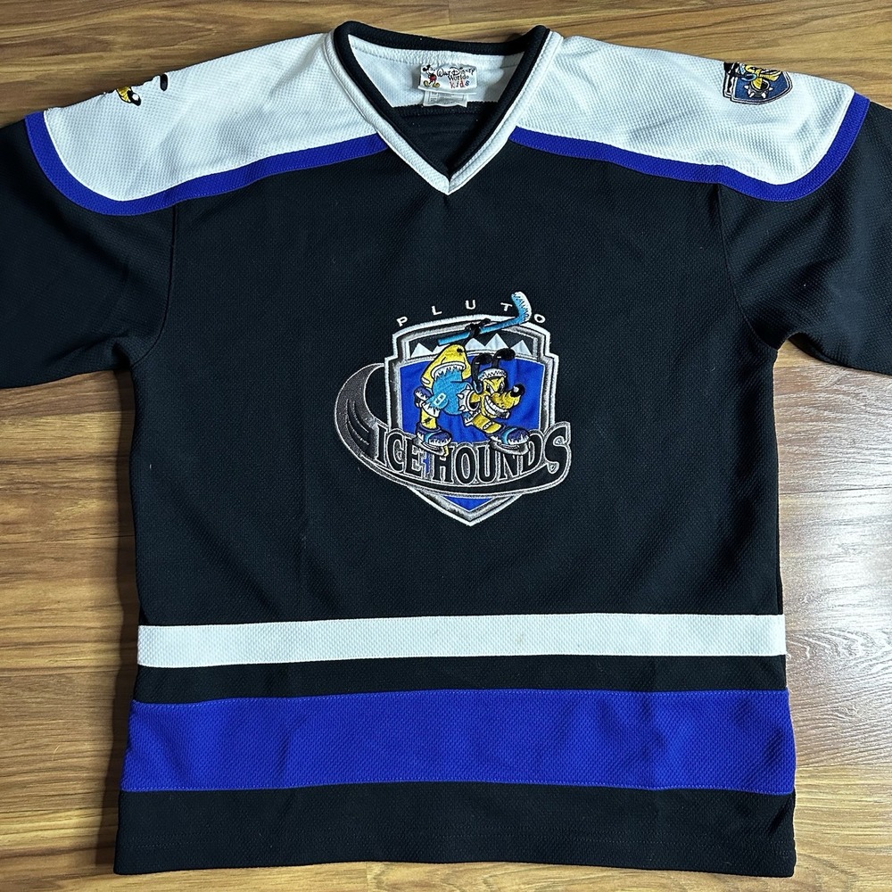 Vintage Y2K Disney World Pluto Ice Hounds Hockey Jersey Kids XL Black Blue K9 - Picture 2 of 9